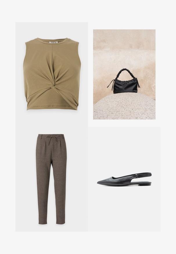 Khaki ærmeløs crop top lavet af blødt stof, med et snoet frontdesign og en rund halsudskæring for en tætsiddende silhuet.; Brune tapered bukser med snøre i taljen og båndsøm, lavet af tekstureret stof, vist på en hvid baggrund.; Sort læder flad slingbacksko med spids tå, lav hæl og justerbar rem på lys baggrund.; Sort håndtaske med rynkede detaljer og et samlet håndtag, hvilende på en tekstureret stensfære mod en beige betonvæg.