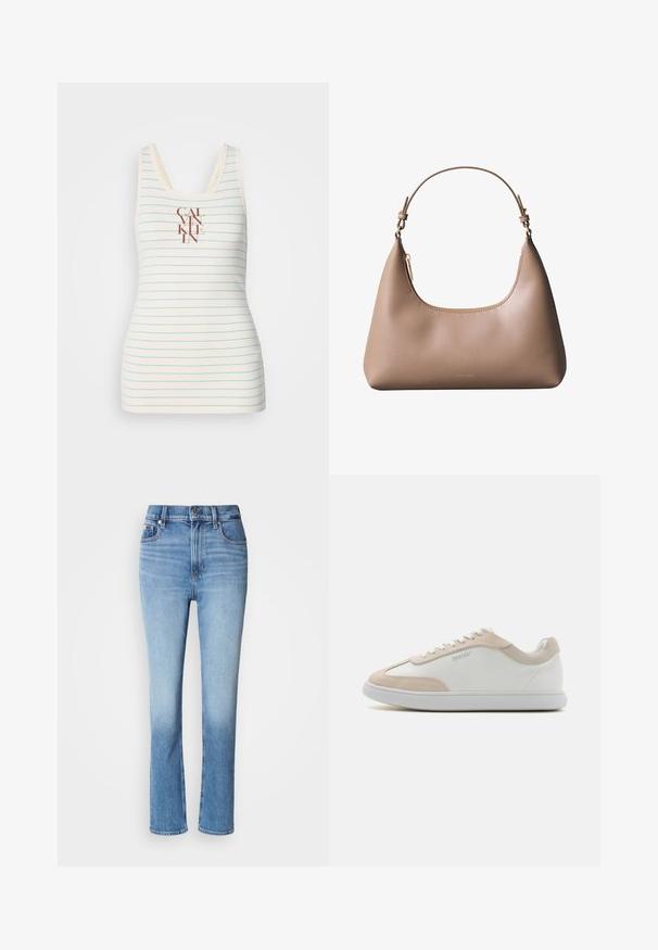 Débardeur sans manches en tissu crème avec des rayures horizontales bleues et un logo "CALVIN KLEIN" centré en marron. Texture lisse.; Jean en denim bleu avec taille haute, coupe droite, dégradé de couleur usé et style cinq poches. Fermeture à bouton en métal et zip.; Baskets en cuir blanc avec des accents en suède beige et des lacets blancs. Elles présentent un bout arrondi et une semelle rembourrée pour plus de confort.; Sac à bandoulière en cuir beige avec poignée courte, fermeture éclair supérieure incurvée et logo minimaliste Calvin Klein à l'avant.