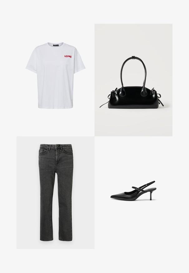 Wit T-shirt met korte mouwen en rode "LOVE" tekst op de linkerborst, waarbij de letter "O" is vervangen door een hartvorm.; Zwarte denim jeans met een rechte pijp, voorzien van vijf zakken, riemlussen en een sluiting met een knop aan de voorkant. De geweven stof toont subtiele slijtage.; Zwarte leren slingback hakken met een puntige neus, slanke verstelbare band en een ongeveer 5 cm hoge stiletto hak, met een gladde textuur.; Kleine zwarte glanzende handtas met twee lange hengsels en zijkant trekkoord details op een effen lichte achtergrond.