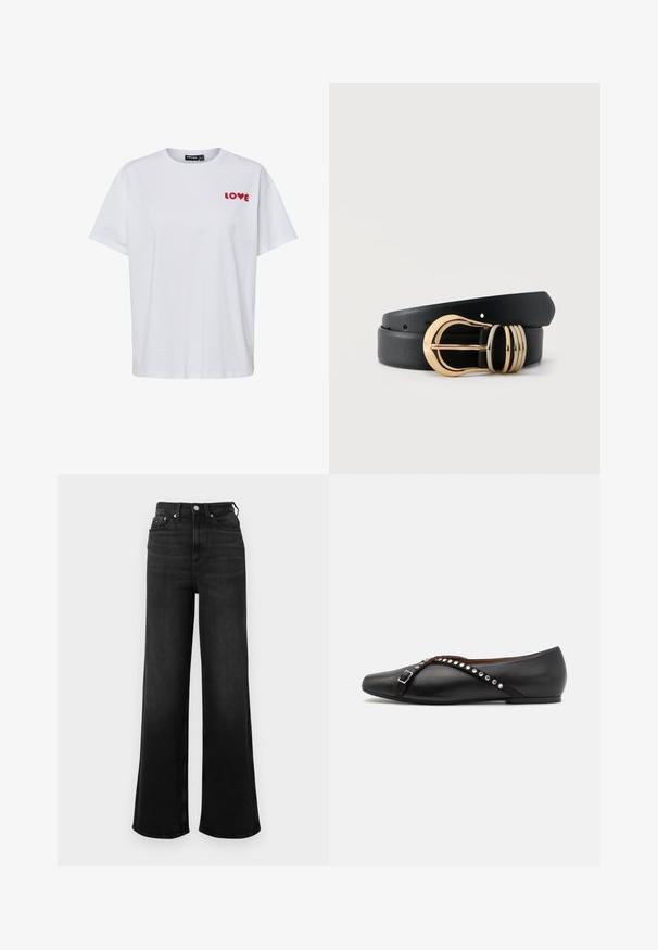 Wit T-shirt met korte mouwen en rode "LOVE" tekst op de linkerborst, waarbij de letter "O" is vervangen door een hartvorm.; Zwart denim jeans met wijde pijpen en een hoge taille, voorzien van vijf zakken en metalen hardware details. Soepele textuur en minimale vervaging.; Zwarte leren platte schoen met een puntige neus, voorzien van een decoratieve band met zilveren studs en een gespdetail. Soepele textuur, minimalistisch ontwerp.; Zwarte leren riem opgerold met een glanzende gouden metalen gesp en drie gouden lussen op een effen witte achtergrond.