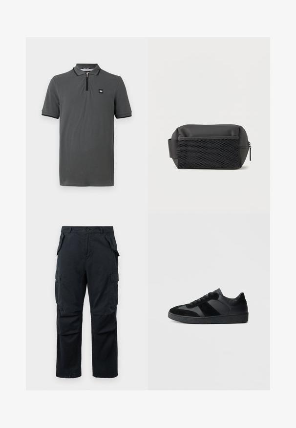 Polo gris avec un col zippé, des manches courtes et des bordures noires autour du col et des manches. Petit logo sur la poitrine.; Pantalons cargo noirs en tissu résistant, avec plusieurs poches latérales, design à jambes droites et fermeture à bouton à la taille.; Baskets noires combinant cuir lisse et daim, avec une semelle en caoutchouc noire texturée et un détail de rayures discrètes.; Trousse de toilette rectangulaire noire avec poche avant en filet, poignée latérale et fermeture éclair sur fond blanc.