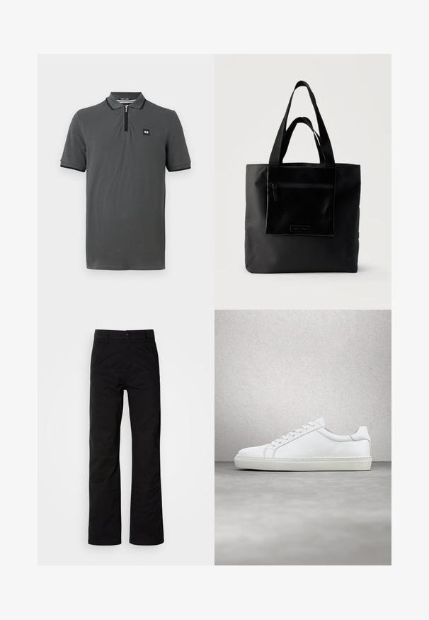 Graues Poloshirt mit einem Reißverschlusskragen, kurzen Ärmeln und schwarzem Besatz um den Kragen und die Ärmel. Kleines Logo auf der Brust.; Schwarze Baumwollhosen mit geradem Bein, ausgestattet mit einem Knopfverschluss und Gürtelschlaufen. Glatte Textur und minimalistischer Stil ohne sichtbare Muster.; Weißer Sneaker mit glattem Lederobermaterial und niedrigem Profil. Verfügt über eine runde Zehenpartie, sechs Ösen und eine strukturierte Gummisohle.; Schwarze Tragetasche mit vorderer Reißverschlusstasche und zwei Griffen, vor einfachem hellem Hintergrund.