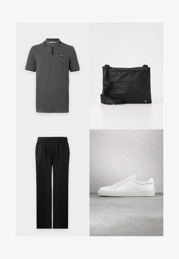 Grijze polo met een ritskraag, korte mouwen en zwarte afwerking rond de kraag en mouwen. Klein logo op de borst.; Zwarte broek van zacht materiaal met een elastische tailleband, rechte pijpen en twee zijzakken. Heeft verborgen stikseldetails.; Witte sneaker met een gladlederen bovenwerk en een laag profiel. Voorzien van een ronde neus, zes vetergaatjes en een gestructureerde rubberen zool.; Zwarte nylon boodschappentas met verstelbare riem, plat ontwerp en een zijlabel met een logo. Soepele textuur en minimalistische stijl.