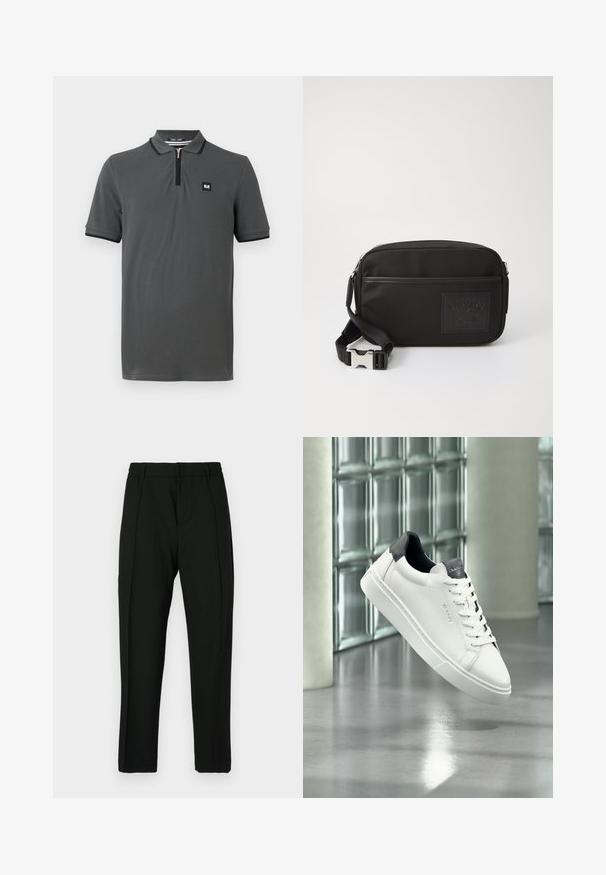 Graues Poloshirt mit einem Reißverschlusskragen, kurzen Ärmeln und schwarzem Besatz um den Kragen und die Ärmel. Kleines Logo auf der Brust.; Schwarze Hose mit glatter Textur, flachem Bund, zwei vertikalen Falten und schmalem Bein. Elastischer Bund für mehr Komfort.; Weißer Ledersneaker mit schwarzer Ferse und Zunge, Schnürdesign, GANT-Logo an Seite und Zunge, präsentiert in modernem Innenraum.; Schwarze Nylon-Crossbody-Tasche mit einem strukturierten Logo-Patch, Reißverschluss und verstellbarem Riemen mit einem silberfarbenen Clip.