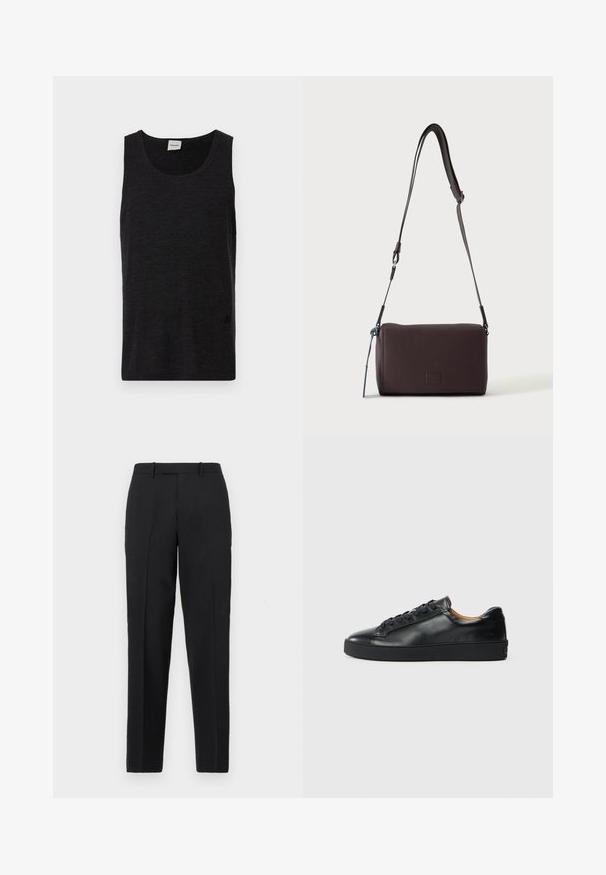 Débardeur noir sans manches en matériau texturé. Doté d'un col rond et d'un accent logo discret près de l'ourlet. Design simple.; Theory STRAIGHT - Pantalon classique - deep black; Baskets en cuir noir avec une texture lisse, bout rond et fermeture à lacets. Comprend une semelle en caoutchouc épaisse et un minimum de détails de marque.; Sac bandoulière en cuir marron foncé texturé avec une sangle réglable et un petit accent décoratif bleu sur le côté.