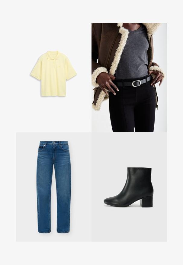 Polo à manches courtes de couleur jaune pâle avec deux boutons et un petit détail en forme de cœur sur la poitrine gauche, sur fond uni.; Jean denim bleu droit avec bouton et fermeture éclair à l'avant, style cinq poches sur un fond clair uni.; Bottines en cuir noir avec un bout pointu et un talon épais. Texture lisse avec des accents minimalistes et un design élégant et ajusté.; Veste en peau de mouton brun avec doublure, shirt gris à col en V, ceinture noire avec boucle ovale en argent, jean noir près du corps, matériaux texturés et design superposé.