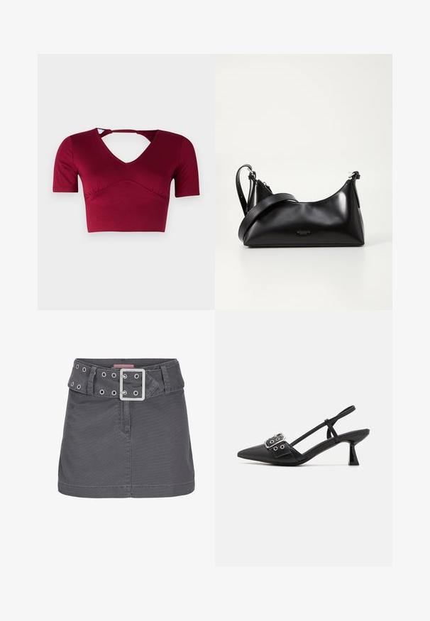 Bordeaux crop top lavet af glat stof, med korte ærmer, en V-halsudskæring og et udskæringsdetalje bagpå med en samlet frontdesign.; Grå bomulds mini skirt med et bredt bælte, der har sølv-lufthuller og en firkantet metalspænde, designet med en ren, lige silhuet.; Simmi London DALA - Pumps - black; Sort læderhåndtaske med en glat tekstur. Har en justerbar stropp og et enkelt, minimalistisk design med lynlås.