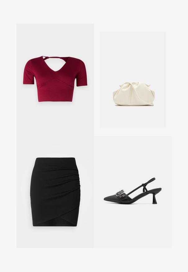 Bordeaux crop top lavet af glat stof, med korte ærmer, en V-halsudskæring og et udskæringsdetalje bagpå med en samlet frontdesign.; Sort mini nederdel lavet af strækstof, med en rynket design og en omslagssilhuet, der har en glat tekstur og en tætsiddende talje.; Simmi London DALA - Pumps - black; Blød, cremefarvet læder clutch taske med samlet, rynket design og en tynd skulderrem, der hviler foran på en ensfarvet baggrund.