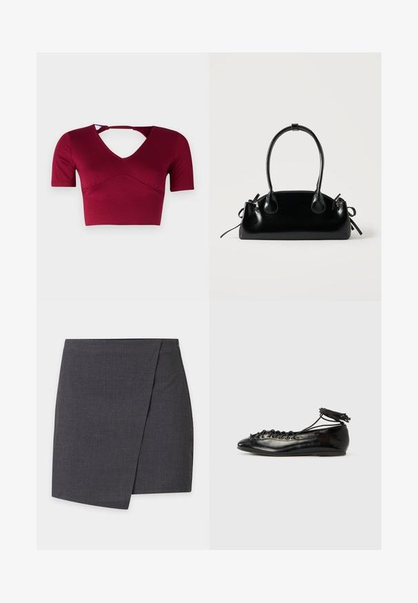 Bordeaux crop top lavet af glat stof, med korte ærmer, en V-halsudskæring og et udskæringsdetalje bagpå med en samlet frontdesign.; Mørkegrå mininederdel i wrap-stil med rene linjer og diskret overlapning i siden.; Sorte balletflade sko i laklæder med rundet tå, snørelukning og flad sål. Glat tekstur med få detaljer.; Lille sort blank håndtaske med to lange håndtag og snøre-detaljer i siden på en ensfarvet lys baggrund.