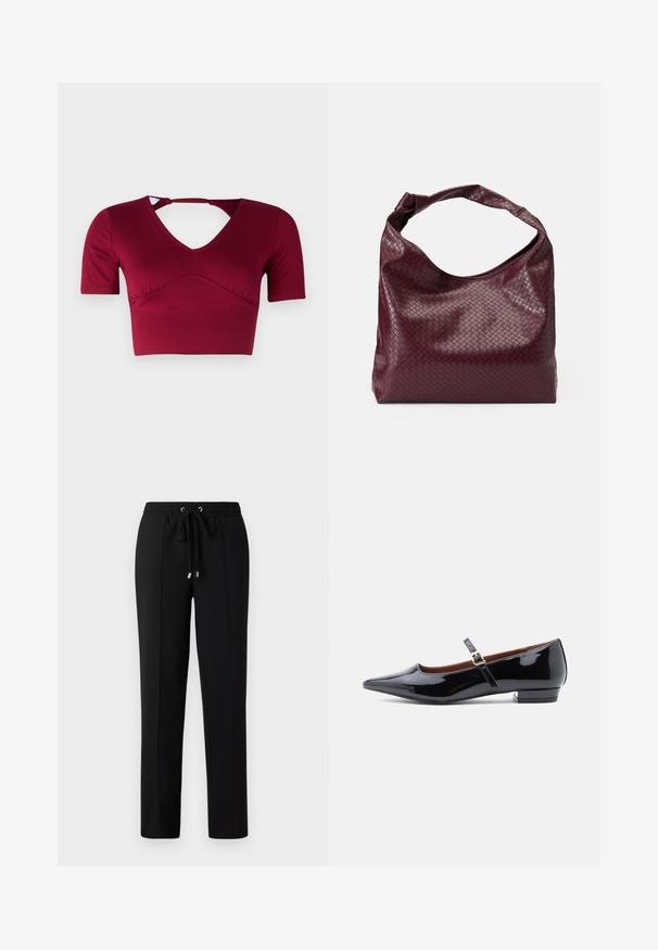 Bordeaux crop top lavet af glat stof, med korte ærmer, en V-halsudskæring og et udskæringsdetalje bagpå med en samlet frontdesign.; Svarte bukser med elastisk talje, snører og gyldne hardware-detaljer. Stof med en glat tekstur og et lige ben-design.; Sorte patenterede læder Mary Jane flade sko med spids tå og lille hæl, udstyret med en justerbar rem med guld spænde.; Burgunderfarvet taske med et tekstureret, vævet mønster, blødt lædermateriale og et enkelt, knyttet håndtag. Rummeligt, hobo-stil design.