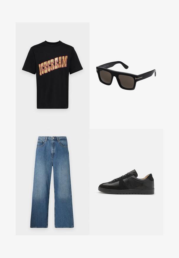Camiseta de algodón negra con un gran gráfico en negrita de "HELADO" en amarillo y rojo, con un diseño texturizado y patrón en las letras.; Jeans de denim azul de pernera ancha con un diseño clásico de cinco bolsillos, cierre frontal con botón y un ligero desgastado para dar textura.; Tiger of Sweden BELLICU - Zapatillas - black; Gafas de sol cuadradas negras con lentes oscuros, con detalles en tono dorado en las varillas y una textura de plástico suave.