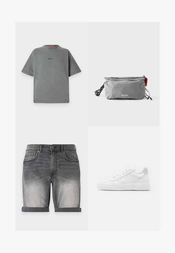 Replay Inc. T-shirts basic - stoned grey; Denimshorts i en falmet sort farve med en rullet kant, der har fem lommer og diskrete slidmærker på fronten. Klassisk knaplukning.; Hvide lædersneakers med en glat finish, rund tå, flade snørebånd og en struktureret sål. Grå ruskindsdetalje ved hælen.; Grå rektangulær pung med lynlåse, sort-hvidt tovshåndtag på den ene side og teksten "ONLY & SONS" foran i centrum.
