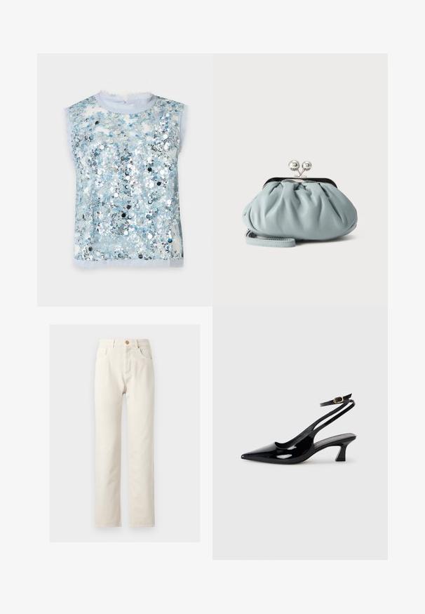 Top sin mangas azul claro con tejido transparente y densamente cubierto de lentejuelas plateadas y azules brillantes.; Pantalones rectos de talle alto en color blanco hueso, con cierre frontal de botones, trabillas para cinturón y diseño de cinco bolsillos sobre un fondo neutro.; Zapatos de tacón de charol negro con punta afilada, tacón bajo tipo bloque y correa ajustable en el tobillo con un hebilla dorada.; Pequeño monedero de cuero azul claro con cierre metálico plateado tipo kiss-lock y correa corta para la muñeca sobre un fondo liso.