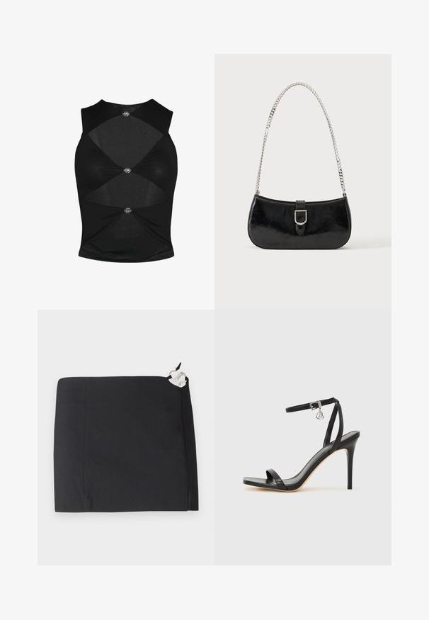 Top sans manches noir avec un design ajusté. Présente des sections découpées et des éléments métalliques décoratifs au centre et sur les côtés. Texture douce.; Jupe noire au design élégant, forme droite et texture lisse. Comprend un détail en métal blanc sur le côté.; Sandale à talon haut noire avec une bride étroite à la cheville, bout carré, cuir lisse et accent de boucle métallique.; Sac à épaule en cuir verni noir avec détail de boucle argentée et bandoulière en chaîne argentée, présenté sur un fond uni clair.