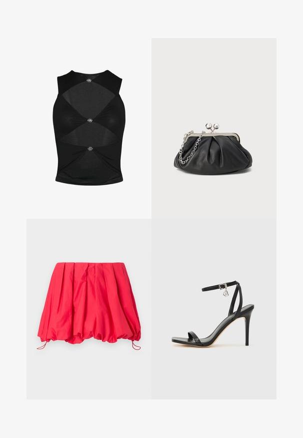 Top sans manches noir avec un design ajusté. Présente des sections découpées et des éléments métalliques décoratifs au centre et sur les côtés. Texture douce.; Jupe mini plissée rouge en tissu léger ; dotée d'un ourlet élastique avec des cordons de serrage pour un ajustement réglable. Texture lisse.; Sandale à talon haut noire avec une bride étroite à la cheville, bout carré, cuir lisse et accent de boucle métallique.; Porte-monnaie en cuir noir avec texture froncée, cadre en métal argenté, fermeture à verrouillage kiss-lock et bandoulière en chaîne. Surface lisse et douce.