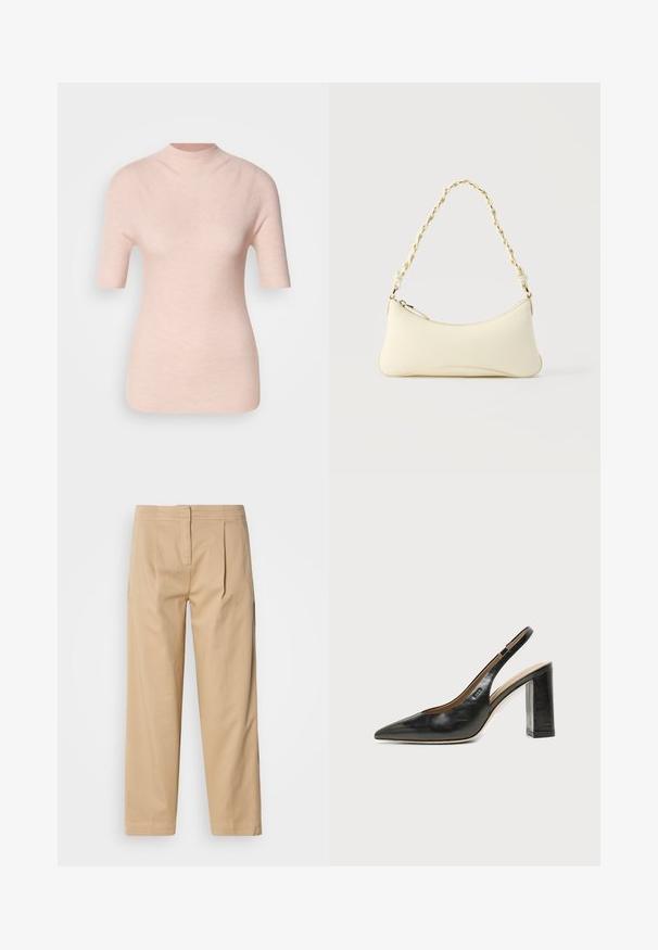 Top corto de manga corta en rosa claro con un cuello alto, que presenta un patrón ribeteado texturizado sobre un fondo neutro.; Pantalones de algodón beige con un corte relajado, que cuentan con dos pliegues frontales, pierna recta y un cierre clásico de botón en la cintura.; Zapato slingback de piel negra con puntera puntiaguda, tacón alto y ancho, y forro interior beige sobre un fondo claro y liso.; Bolso pequeño de color crema con forma curva y asa de cadena trenzada en tono dorado, cierre con cremallera en la parte superior