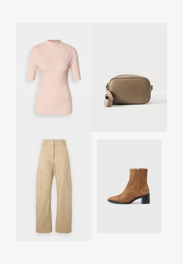 Lyserød kortærmet top med høj hals, der har et tekstureret ribbet mønster på en neutral baggrund.; Beige cargo bukser lavet af bomuld, med høj talje, vide ben, to sidelommer og to store cargolommer på lårene.; Brun ruskind ankelstøvle med spids tå, mid-block hæl og subtil præget logo-detalje. Lynlås lukning langs siden.; Taupe rektangulær læder crossbody taske med gyldent BOSS-logo og aftagelig mærket stofrem på hvid baggrund.