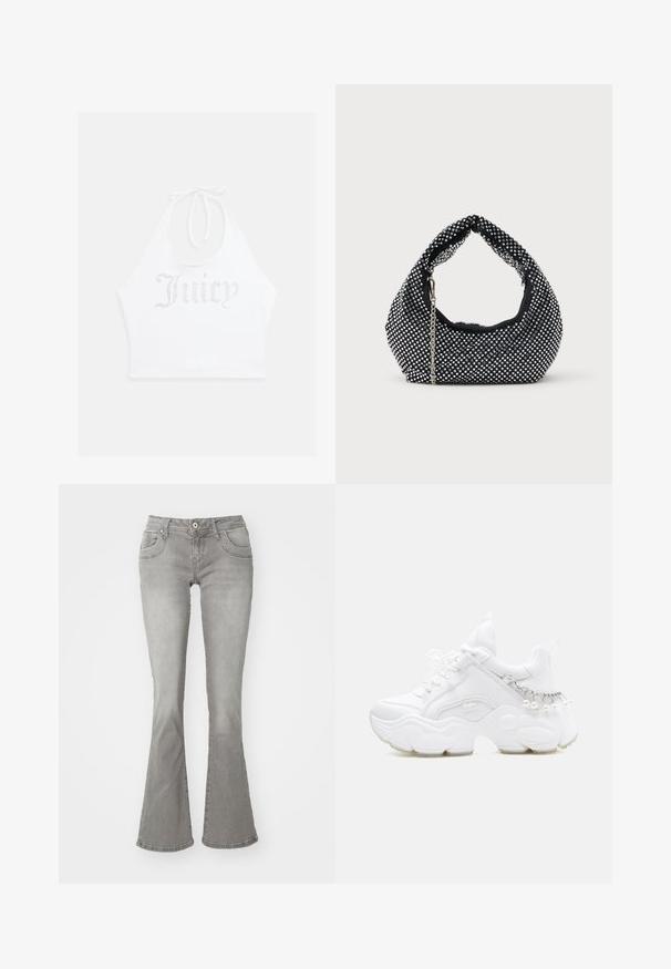 Witte haltertop gemaakt van zachte stof, met rhinestone tekst "Juicy" op de voorkant. Te strikken bij de nek voor een verstelbare pasvorm.; Grijze flared jeans met een middelhoge taille, voorkzakken en een knoopsluiting, gemaakt van denim stof met een gladde structuur.; Witte chunky sneaker met dikke zool, veters aan de voorkant en kettinkdetail met hangende parels op de hiel.; Zwarte mesh handtas versierd met zilveren studs, met een gebogen handvat en een kettingschouderriem. Zachte textuur met een ronde vorm.