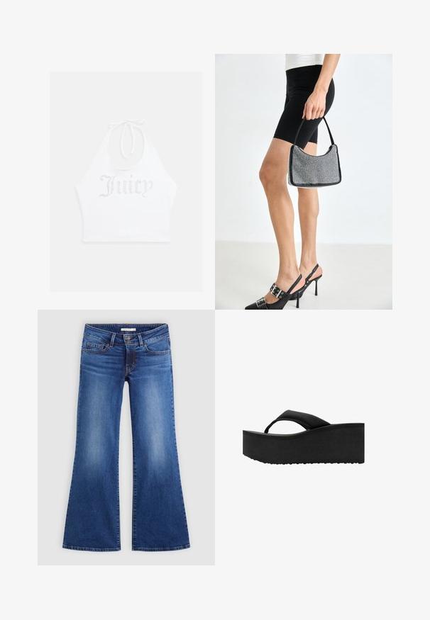 Witte haltertop gemaakt van zachte stof, met rhinestone tekst "Juicy" op de voorkant. Te strikken bij de nek voor een verstelbare pasvorm.; Uitgebreide blauwe jeans van denim, met een klassiek vijf-pocket ontwerp, lichte wassing en contrasterende stiksels langs de naden.; Zwarte platform teenslipper met dikke, gevoerde zool en brede teenband, zijaanzicht op witte achtergrond.; Zwarte beaded handtas met een gebogen silhouet, draaghandvat en glanzende textuur. Draagt bij hoge zwarte hakken en strakke zwarte shorts.