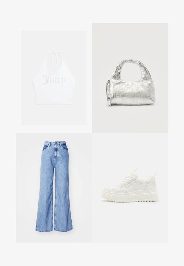 Witte haltertop gemaakt van zachte stof, met rhinestone tekst "Juicy" op de voorkant. Te strikken bij de nek voor een verstelbare pasvorm.; Lichtblauwe wijde denim jeans met een hoge taille, voorzakken en gestikte naden. De stof heeft een lichte textuur die typisch is voor denim.; Witte leren sneakers met een stevige zool, vetersluiting en subtiele branding. Heeft een zachte textuur en een ronde neus.; Zilveren handtas met een gestructureerd patroon van geometrische vormen en cirkels, voorzien van een afgeronde handgreep en een afneembare riem.