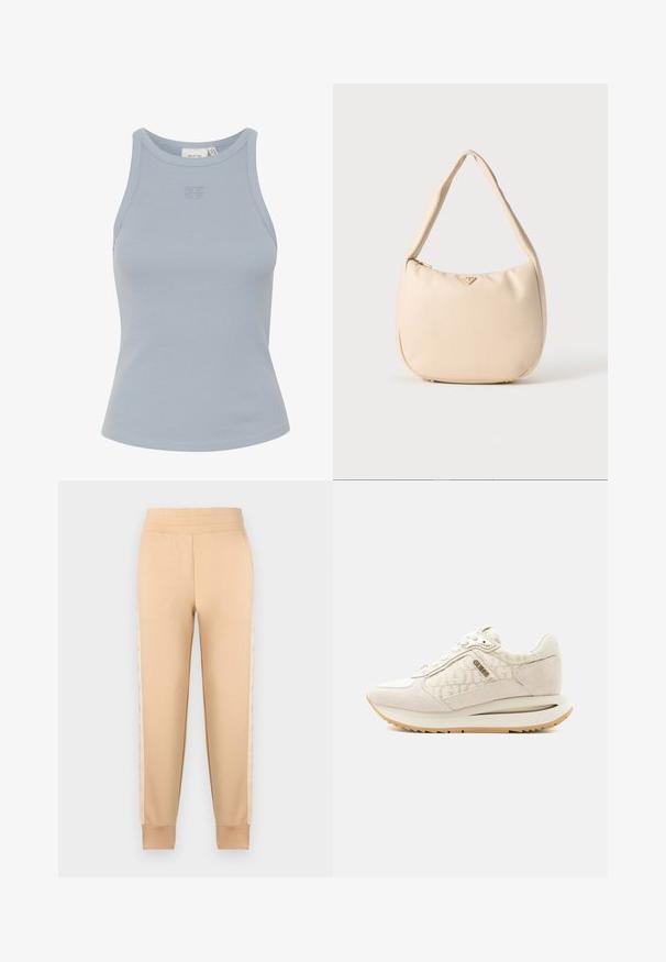 Hea sinine ilma varrukateta ribakujuline tank top, millel on ümmargune dekoltee ja väike logo tikand keskel. Sile tekstuur, tihe siluett.; Beežid spordipüksid sujuva tekstuuriga, kitseneva disainiga, elastse vöökohaga ja mustriliste külgpaneelidega.; Hele beež värvi tennised seemisnahast ja mustrilise kangaga, paeltega disain, poolt metallist bränditud logo ja kummist talla.; Beige hobo-kott, mis on valmistatud siledast sünteetilisest materjalist, kumer kuju, üks sang ning subtilne logo esiküljel. Lukuga sulgemine.