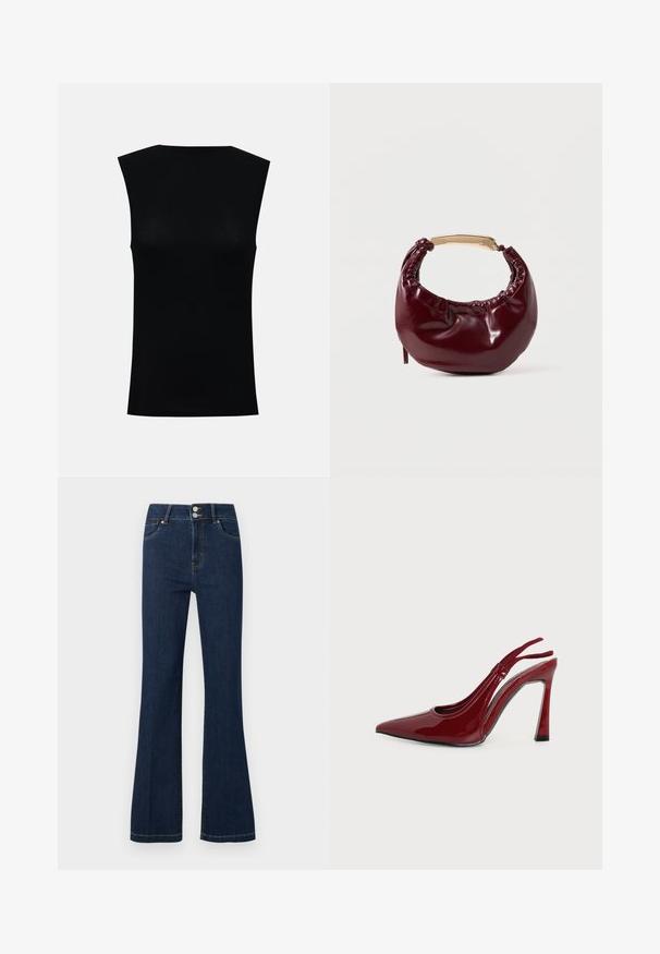 Haut noir ajusté sans manches avec encolure ronde, présenté sur un fond uni gris clair.; Jean en denim bleu foncé avec taille haute, double bouton de fermeture, poches avant et jambes légèrement évasées.; Chaussure à talon haut slingback pour femme, brillante, rouge foncé, à bout pointu et talon fin courbé sur fond blanc.; Sac à main en simili cuir bordeaux avec une forme arrondie, des détails froncés et une anse en métal doré. Texture lisse et finition brillante.