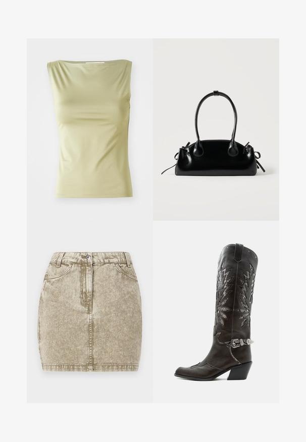 Hellgrünes ärmelloses Top aus glattem Stoff, mit rundem Ausschnitt und schmaler Silhouette, versehen mit dezenten Seitennähten.; Khaki-Jeansrock mit strukturiertem Finish, fünf Taschen, vorderem Knopfverschluss und genähten Details entlang der Kanten.; Schwarzer Leder-Cowboystiefel mit dekorativen Ausschnitten, silberner Schnalle und schräger Ferse, auf weißem Hintergrund dargestellt.; Kleine schwarze glänzende Handtasche mit zwei langen Griffen und seitlichen Kordelzug-Details vor einfachem hellem Hintergrund.