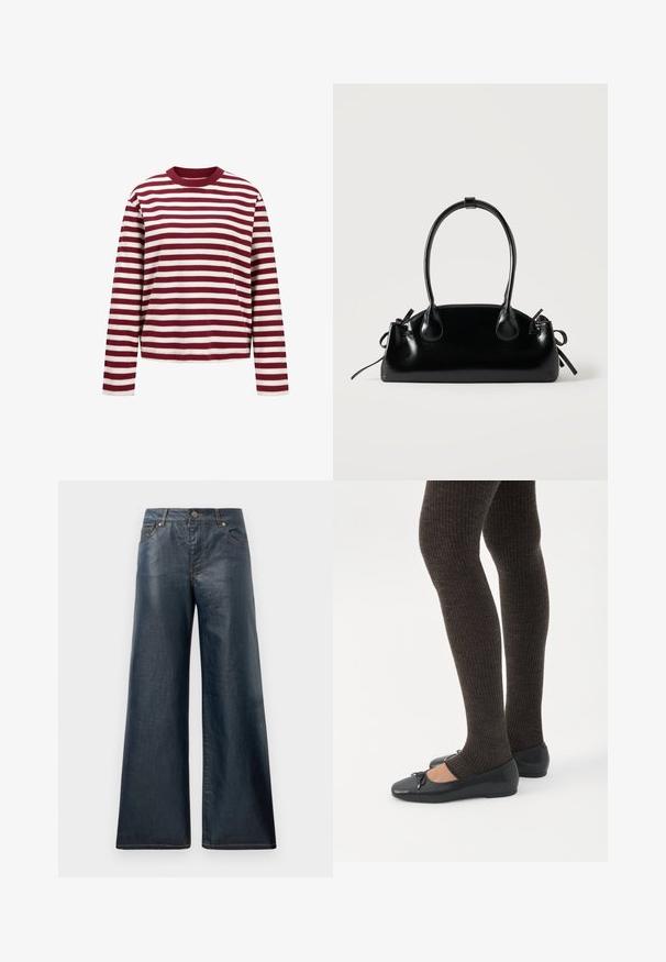 JJXX JXSOPHIA BOXY - Longsleeve - Purple; Wijdvallende denim jeans in donkerblauw, met vijf zakken, een sluiting met een knoop aan de voorkant en contrasterende stiksels langs de naden.; Benen met donkere geribbelde leggings gecombineerd met zwarte ballerina's met kleine strikdetails op een witte achtergrond.; Kleine zwarte glanzende handtas met twee lange hengsels en zijkant trekkoord details op een effen lichte achtergrond.