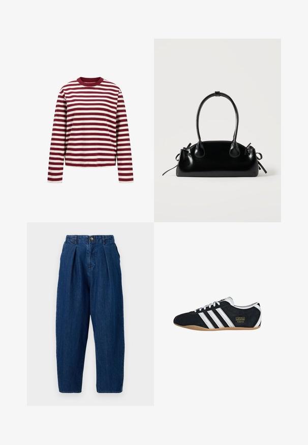 JJXX JXSOPHIA BOXY - Topper langermet - Purple; Mørkeblå denim bukser med en avslappet passform, med folder foran, knappelukking og smale ben.; Svart semsket sneaker med hvite tre striper, gulllogo og brun gummisåle. Har en lavprofil snøring.; Liten svart blank håndveske med to lange håndtak og sidesnorer detaljer på en ensfarget lys bakgrunn.