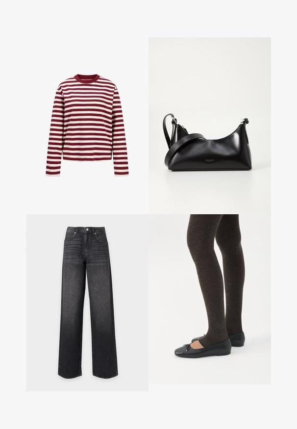 JJXX JXSOPHIA BOXY - Topper langermet - Purple; Svarte høytlivs jeans med rette ben i denim, med frontlommer, beltestropper, knapp og glidelås på hvit bakgrunn.; Bein iført mørke ribbestrikkede leggings kombinert med svarte ballettsko med små sløyfedetaljer på hvit bakgrunn.; Svart skinnveske med en glatt tekstur. Har en justerbar stropp og et strømlinjeformet, minimalistisk design med glidelås.