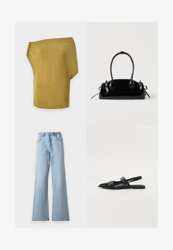 Haut ample, décolleté tombant sur les épaules en jaune moutarde, fait de tissu doux avec des détails froncés sur un côté, texture lisse et ourlet arrondi.; Jean en denim bleu clair taille haute à jambes larges, avec poches avant, passants pour ceinture, fermeture éclair et ceinture en denim assortie.; Even&Odd by Zalando Ballerines à brides arrière - black; Petit sac à main noir brillant avec deux longues anses et des détails à cordon sur les côtés sur un fond clair uni.