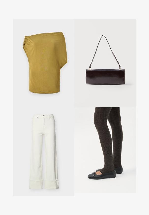 Luchtig, off-the-shoulder top in mosterdgeel, gemaakt van zacht materiaal met geplooide details aan de zijkant, gladde textuur en een gebogen zoom.; Witte jeans met wijde pijpen, hoge taille, knoop- en ritssluiting aan de voorkant, riemlussen, voor- en achterzakken en omgevouwen zomen.; Benen met donkere geribbelde leggings gecombineerd met zwarte ballerina's met kleine strikdetails op een witte achtergrond.; Rechthoekige zwarte leren handtas met een enkele lange schouderband en een glanzende afwerking, weergegeven tegen een effen witte achtergrond.