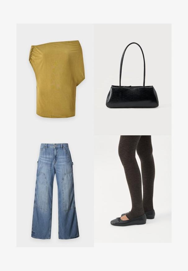 Top suelto, con los hombros al descubierto, en color mostaza, confeccionado en una tela suave con detalles fruncidos en un lado, textura lisa y dobladillo curvado.; Good American GOOD EASE RELAXED - Vaqueros boyfriend - indigo; Piernas con leggings oscuros acanalados combinados con bailarinas negras que presentan pequeños detalles de lazo sobre un fondo blanco.; Bolso de hombro rectangular negro con correas largas y delgadas y una textura lisa y brillante sobre un fondo liso.