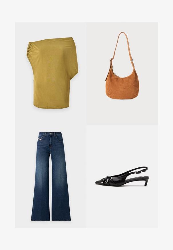 Haut ample, décolleté tombant sur les épaules en jaune moutarde, fait de tissu doux avec des détails froncés sur un côté, texture lisse et ourlet arrondi.; Jeans taille haute, bleu foncé, à jambe large, avec poches avant et à pièce, fermeture à bouton et détails de décoloration subtile sur les cuisses.; Chaussure slingback en cuir noir avec bout pointu, trois boucles argentées à l'avant et petit talon kitten sur fond blanc.; Sac à main en daim beige avec un design incurvé, une bandoulière ajustable, une fermeture éclair en métal et un détail de logo embossé à l'avant.