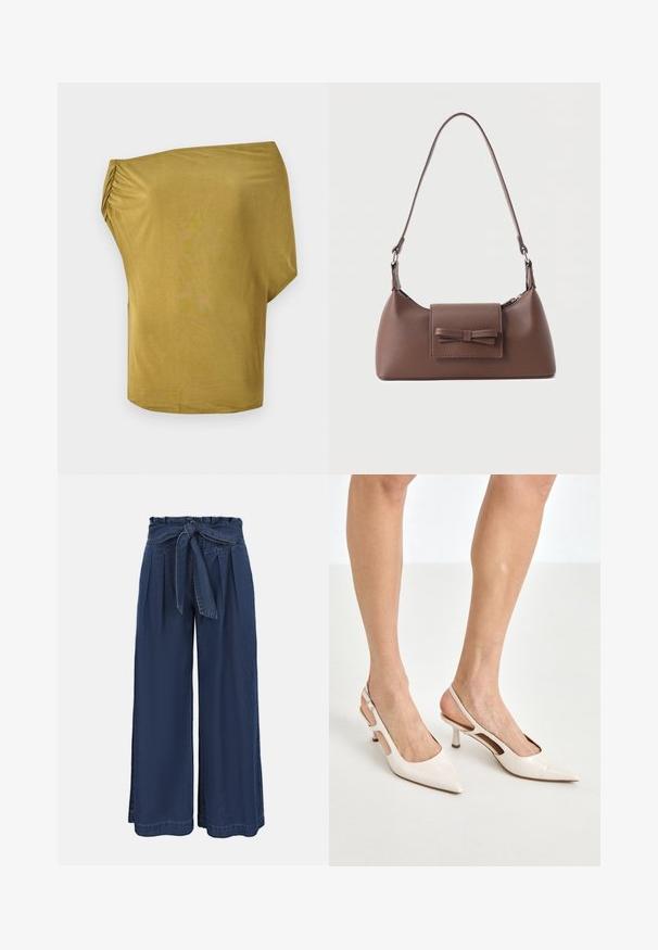 Haut ample, décolleté tombant sur les épaules en jaune moutarde, fait de tissu doux avec des détails froncés sur un côté, texture lisse et ourlet arrondi.; Pantalon bleu marine taille haute à jambes larges, avec un devant plissé et une ceinture en tissu nouée à la taille.; Escarpins à talon slingback en cuir verni beige avec un bout pointu et un talon de 5 cm, présentant des côtés découpés et une fine bride à la cheville.; Sac à bandoulière en cuir marron avec une poche à rabat avant ornée d'un détail en forme de nœud cousu et une sangle réglable.