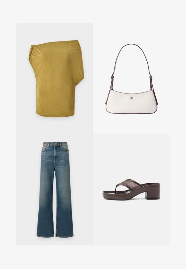 Luchtig, off-the-shoulder top in mosterdgeel, gemaakt van zacht materiaal met geplooide details aan de zijkant, gladde textuur en een gebogen zoom.; Wijdere jeans in middelblauw denim, met een hoge taille, vijf-pocket ontwerp en een subtiele vervaging. Koperkleurige knoop en stiksels.; Bruine sandaal met hak, voorzien van een mesh bandje en teenslipperontwerp, met blokhak en gestikte zool, zijaanzicht op witte achtergrond.; Witte leren schoudertas met donkerbruine bies en verstelbare riem, met een klein zilveren "cK"-logo midden op de voorkant.