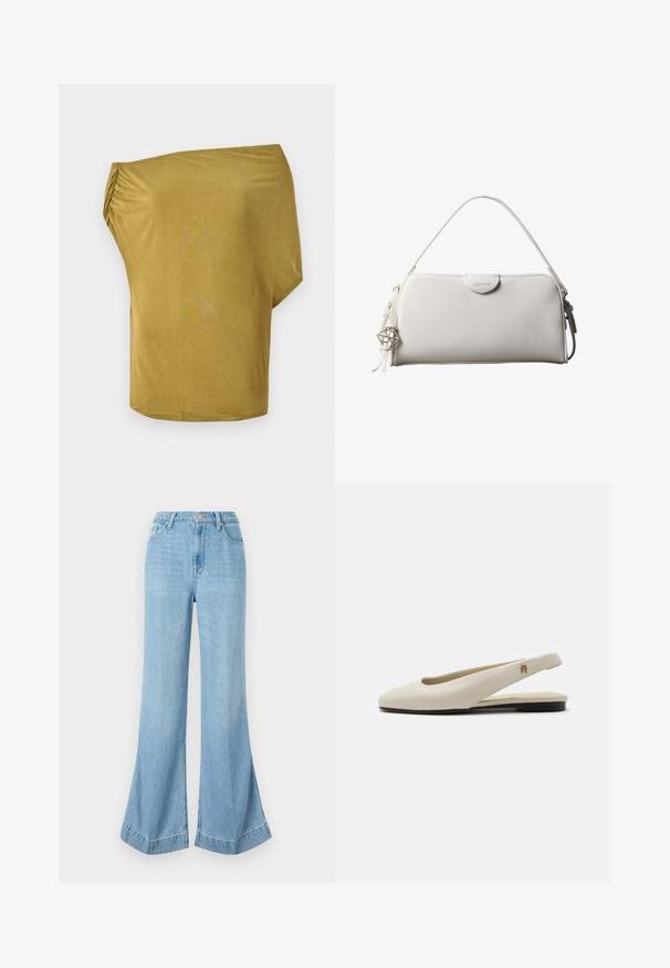Haut ample, décolleté tombant sur les épaules en jaune moutarde, fait de tissu doux avec des détails froncés sur un côté, texture lisse et ourlet arrondi.; Jeans en denim bleu clair à jambe large, taille haute avec une fermeture à boutons, présentant une finition soignée et un ourlet évasé avec des fentes sur les côtés.; Chaussure plate slingback en cuir couleur crème avec un bout arrondi et un petit emblème doré sur la bride.; Sac à main rectangulaire blanc Calvin Klein avec une seule poignée, design minimaliste et pampilles décoratives avec un charm métallique géométrique sur le côté.