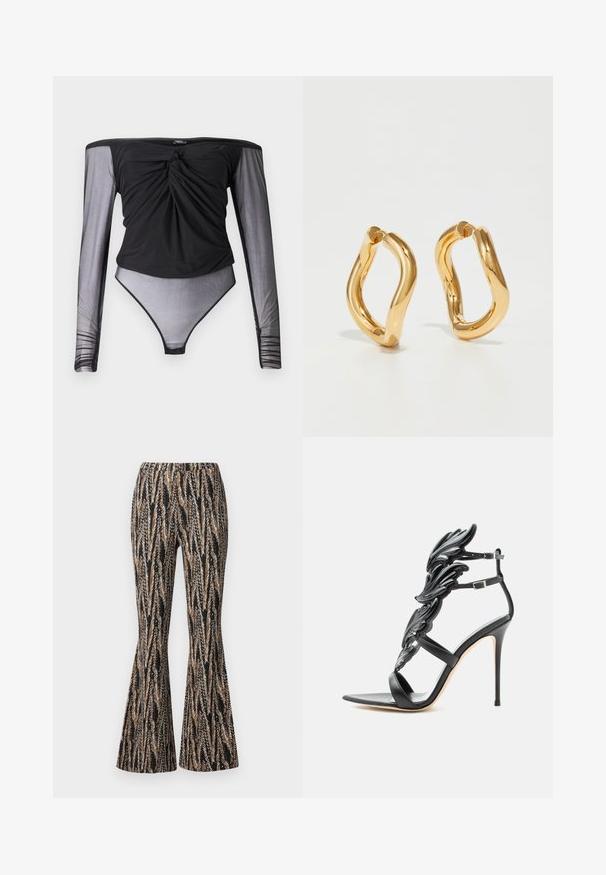 Sort bodysuit med lange, gennemsigtige mesh ærmer, snoet frontdetalje og en tætsiddende silhuet. Glat stof med en semitransparent bund.; Diane von Furstenberg BURANO PANTS - Bukser - black; Sort højhælet sandal med vingeformede blanke dekorative elementer og dobbelte ankelstropper med sølvspænder.; Guldfarvede hoops øreringe med en buet, uregelmæssig form og en glat, poleret overflade. Ingen synligt hardware eller dekorationer.