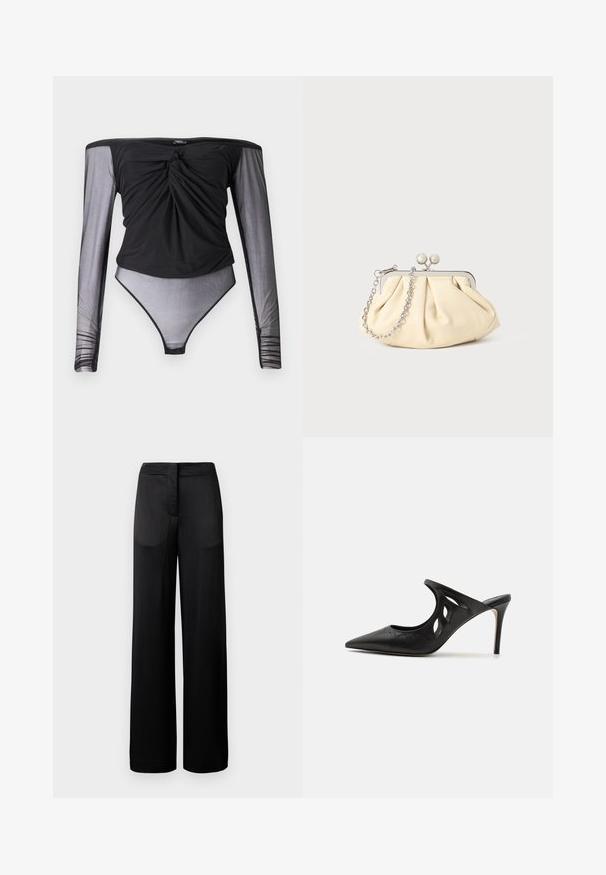 Sort bodysuit med lange, gennemsigtige mesh ærmer, snoet frontdetalje og en tætsiddende silhuet. Glat stof med en semitransparent bund.; Bredbenede sorte bukser med en tekstureret overflade, der har en flad talje og to sidelommer. Stoffet ser let og strømmende ud.; Sorte læder højhælede mules med spids tå, udskåret sideskærm og glat tekstur. Stiletthæl og subtil syning.; Plisseret beige læderclutch med en sølvmetalramme, der har to runde dekorative låse og en sølvkædetrasporte.