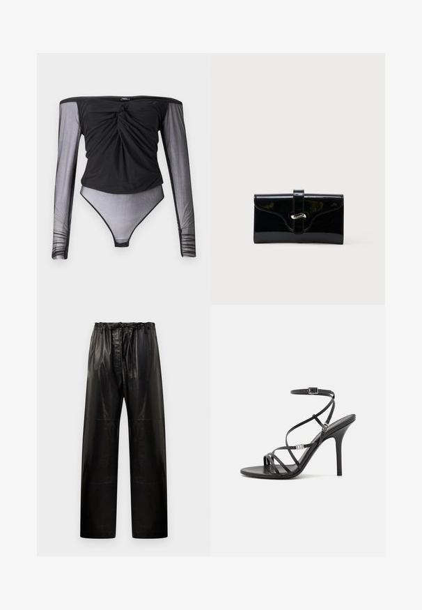 Schwarzer Bodysuit mit langen, durchsichtigen Mesh-Ärmeln, verdrehtem Vorderteil und figurbetonter Silhouette. Glatter Stoff mit transparentem unteren Bereich.; Schwarze Lederhose mit entspannter Passform, elastischem Bund und Kordelzug. Verfügt über eine glatte Textur und ein weites Bein-Design.; Schwarze High-Heel-Sandale mit dünnen Riemen, einem Knöchelverschluss, einer glatten Lederoberfläche und einem schlanken Stiletto-Absatz.; Schwarze glänzende rechteckige Brieftasche mit einem vorderen Riemen und silberner Metallverschluss, vor einem schlichten weißen Hintergrund.