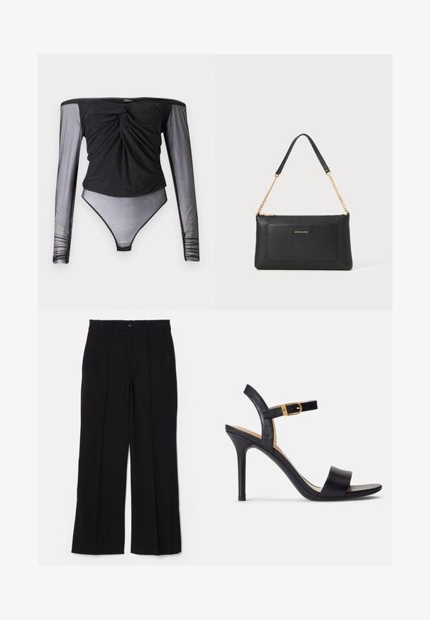 Schwarzer Bodysuit mit langen, durchsichtigen Mesh-Ärmeln, verdrehtem Vorderteil und figurbetonter Silhouette. Glatter Stoff mit transparentem unteren Bereich.; Schwarze Hose mit flachem Frontdesign, geraden Beinen und Taschen. Hergestellt aus einem weichen Stoff, mit einem einzigen Knopfverschluss und Gürtelschlaufen.; Schwarze Sandalen mit hohen Absätzen und glattem Leder-Obermaterial, offene Zehenpartie und einem Design mit einem einzigen Riemen, verziert mit einer goldenen Schnalle.; Schwarze Ledertasche mit einer Kieseloberfläche, goldener Kettenriemen und einer Fronttasche. Auf der Vorderseite befindet sich ein goldenes Logo.