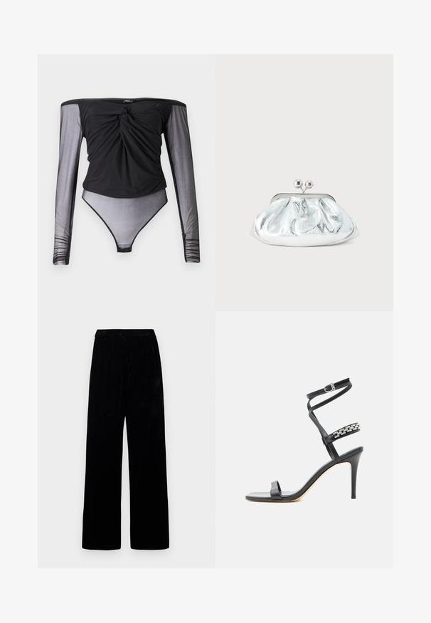 Schwarzer Bodysuit mit langen, durchsichtigen Mesh-Ärmeln, verdrehtem Vorderteil und figurbetonter Silhouette. Glatter Stoff mit transparentem unteren Bereich.; Schwarze weite Hosen mit elastischem Bund und weichem, samtartigem Stoff, auf einem schlichten, hellen Hintergrund präsentiert.; Schwarze Sandalette mit hohem Absatz, schlankem Knöchelriemen, Mittelriemen verziert mit silbernen Kettengliedern und offenem Zehendesign.; Kleine silberne Metallic-Clutch mit gerundetem, gerafftem Design und einem Verschluss mit zwei silbernen Kugeln.