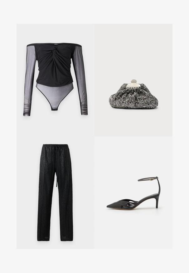 Sort bodysuit med lange, gennemsigtige mesh ærmer, snoet frontdetalje og en tætsiddende silhuet. Glat stof med en semitransparent bund.; Sorte, letvægtsbukser med en tekstureret, skinnende overflade. Har en elastisk talje med snor og en løs pasform.; Sort læder højhælet sko med spids tå, åbne sider og en tynd ankelrem med en lille guld detalje.; Sort og sølvglitrende clutch med et samlet design. Metallås med en glat, rund form og tekstureret overflade.
