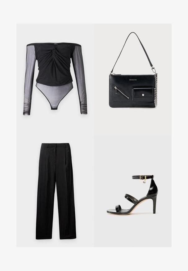 Schwarzer Bodysuit mit langen, durchsichtigen Mesh-Ärmeln, verdrehtem Vorderteil und figurbetonter Silhouette. Glatter Stoff mit transparentem unteren Bereich.; Schwarze, weit geschnittene Hosen aus glattem Stoff mit vorderen Falten, Gürtelschlaufen und einem Reißverschluss.; Schwarze Lackleder-Sandale mit drei Riemen, Knöchelriemen und 10 cm hohen Stiletto-Absatz. Verfügt über goldfarbene Hardware-Details und ein Logo-Charm.; Schwarze Michael Kors Leder-Umhängetasche mit oberem Reißverschluss, diagonalem Reißverschlussfach vorne, Klappentasche mit Druckknopf und silbernem Kettendetail.