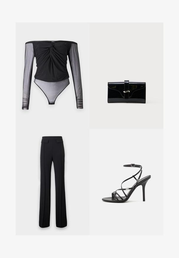 Schwarzer Bodysuit mit langen, durchsichtigen Mesh-Ärmeln, verdrehtem Vorderteil und figurbetonter Silhouette. Glatter Stoff mit transparentem unteren Bereich.; Schwarze, hoch taillierte, maßgeschneiderte Hose mit weitem Bein und dekorativen Klappendetails nahe dem Bund, vor schlichtem Hintergrund präsentiert.; Schwarze High-Heel-Sandale mit dünnen Riemen, einem Knöchelverschluss, einer glatten Lederoberfläche und einem schlanken Stiletto-Absatz.; Schwarze glänzende rechteckige Brieftasche mit einem vorderen Riemen und silberner Metallverschluss, vor einem schlichten weißen Hintergrund.