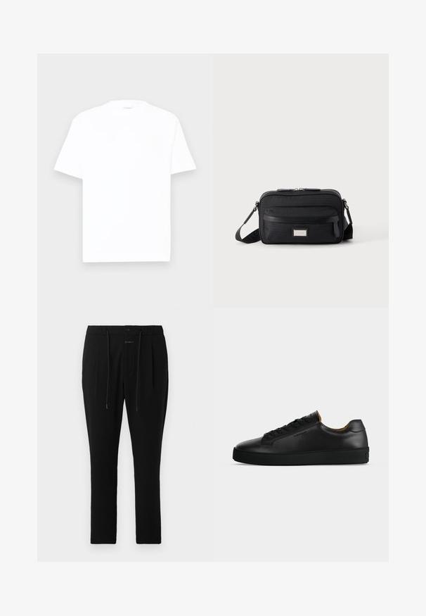 Weißes Baumwoll-T-Shirt mit Rundhalsausschnitt, kurzen Ärmeln und lässiger Passform. Glatte Textur, minimale Details und ohne Muster oder Grafiken.; CLOSED VIGO TAPERED - Chino - dark night; Schwarzer flacher Ledersneaker mit schwarzen Schnürsenkeln, strukturierter Gummisohle und kleinem eingeprägtem Logo an der Seite, im Profil vor grauem Hintergrund gezeigt.; Schwarze rechteckige Umhängetasche mit vorderer Reißverschlusstasche, verstellbarem Riemen und silberner rechteckiger Logo-Plakette auf einfarbigem Hintergrund.
