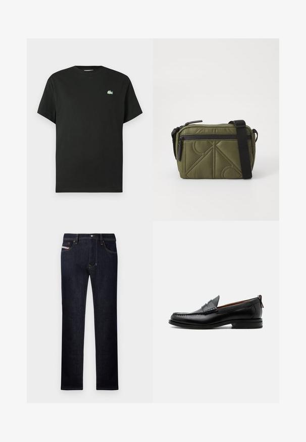 Camiseta de algodón negra con cuello redondo, mangas cortas y un logo bordado verde en el lado izquierdo del pecho. Textura suave, corte holgado.; Vaqueros de denim azul oscuro con diseño de pierna recta, que cuentan con cinco bolsillos, un cierre de botón y acentos de costura en contraste.; Mocasín de hombre de piel negra con costura moc toe, tira penny, cuello texturizado y tacón bajo apilado sobre fondo blanco.; Bolso de tela acolchada de color verde olivo con una correa negra, que cuenta con un cierre superior de cremallera y un bolsillo exterior con cremallera adornado con patrones geométricos.