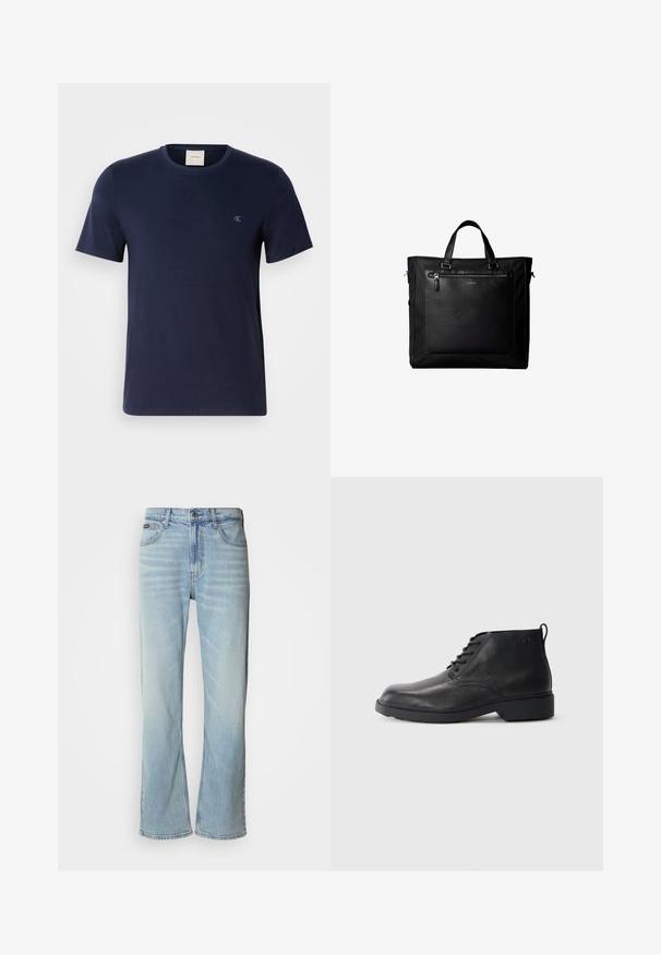 Marineblauwe katoenen T-shirt met een ronde hals, korte mouwen en een klein geborduurd logo op de linkerkant van de borst. Soepele textuur en klassieke pasvorm.; Lichtblauwe denim jeans met een rechte pijp, voorzien van vijf zakken, een knoopsluiting en subtiele vervaging op de stof.; Zwarte leren laarzen met een gestructureerde afwerking, ronde neus, vetersluiting aan de voorkant en een stevige rubberen zool. Voorzien van een klein aantreklipje aan de achterkant.; Zwarte tote bag met dubbele handvatten, grote voorste leren zak met ritssluiting en subtiel Calvin Klein-logo in het midden van de zak.