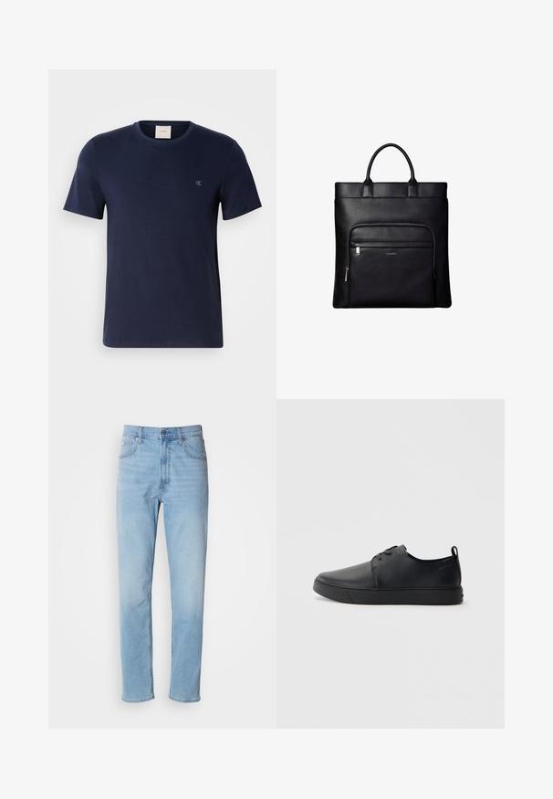 Marineblauwe katoenen T-shirt met een ronde hals, korte mouwen en een klein geborduurd logo op de linkerkant van de borst. Soepele textuur en klassieke pasvorm.; Lichtblauwe denim jeans met een rechte pasvorm, vijf zakken en riemlussen. De stof heeft een gladde textuur met een lichte vervaging.; Zwarte leren sneaker met een gladde afwerking, ronde neus, tonale stiknaden, vetersluiting aan de voorkant en een vlakke rubberen zool. Lussje aan de hak.; Zwarte leren tote bag met bovenhandvatten en een voorvak met ritssluiting met een klein Calvin Klein-logo op het vak.