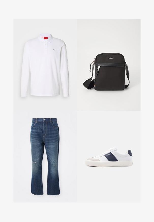 Witte lange mouwen polo-shirt gemaakt van katoen, met een kraag, een drie-knops sluiting en een zwart "HUGO" logo op de linkerborst.; Blauwe denim flare jeans met lichte slijtage op beide knieën en een knoopsluiting bij de taille, gepresenteerd tegen een witte achtergrond.; Witte lage sneaker met marineblauwe zijstreep, "BOSS"-logo, beige neuskap en witte zool, in profiel weergegeven tegen een lichte achtergrond.; Zwarte schoudertas van textuurstof, met logo aan de voorkant, ritssluiting en verstelbare schouderband. Voorzien van een gladde leren rand.